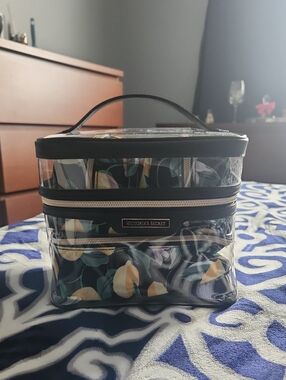 Victoria's Secret Clear Floral Cosmetic Case - Black Trim with Yellow Accents